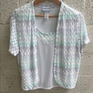 Alfred Dunner White Shell with Mint and Light Gray Lace Overlay